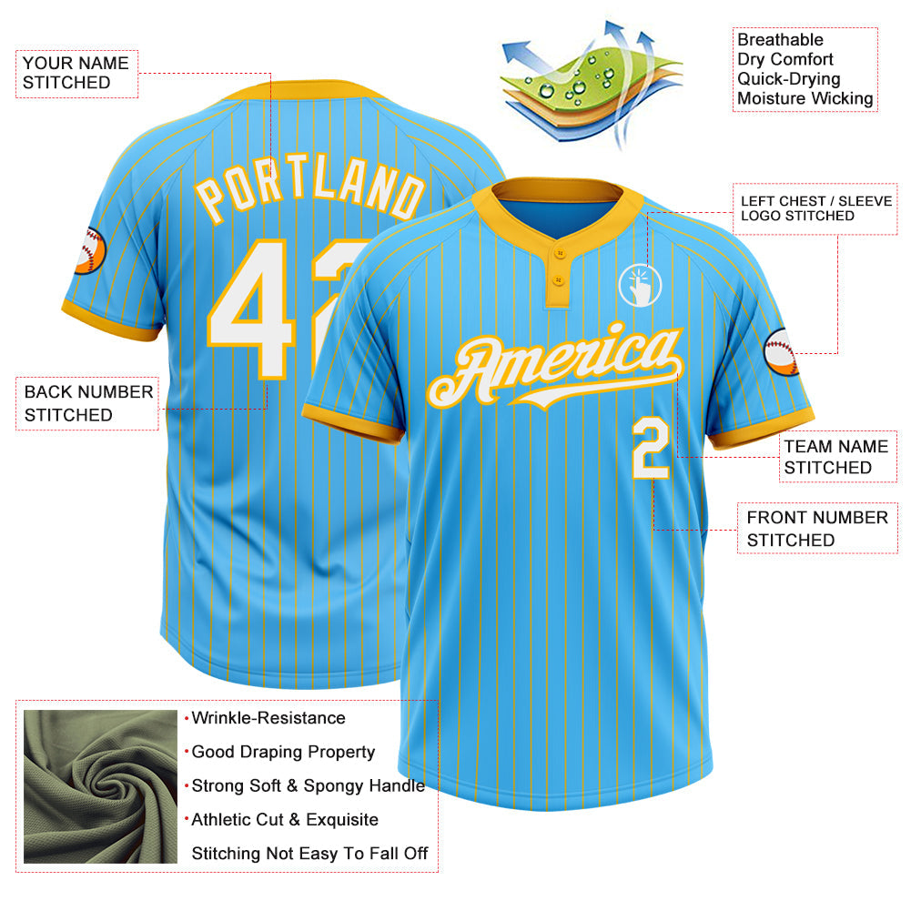 Custom Sky Blue Gold Pinstripe White Two-Button Unisex Softball Jersey view 3