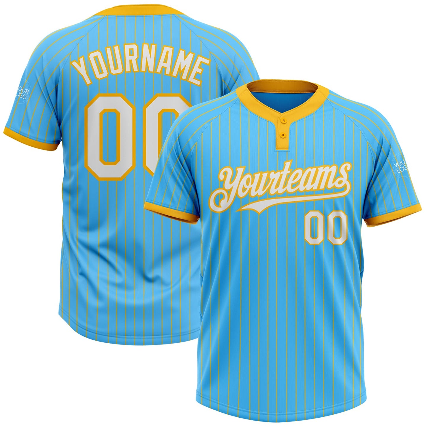 Custom Sky Blue Gold Pinstripe White Two-Button Unisex Softball Jersey - Main View