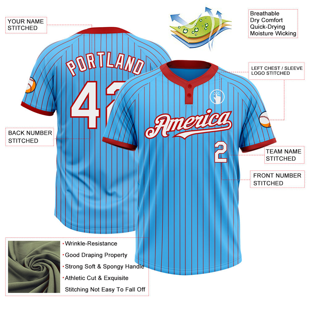 Custom Sky Blue Red Pinstripe White Two-Button Unisex Softball Jersey view 3