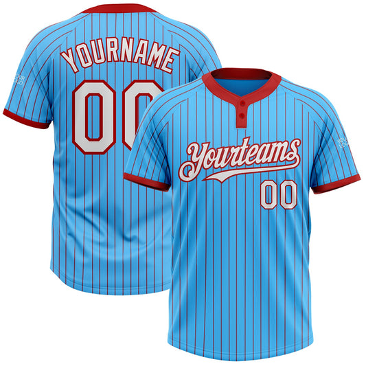 Custom Sky Blue Red Pinstripe White Two-Button Unisex Softball Jersey - Main View