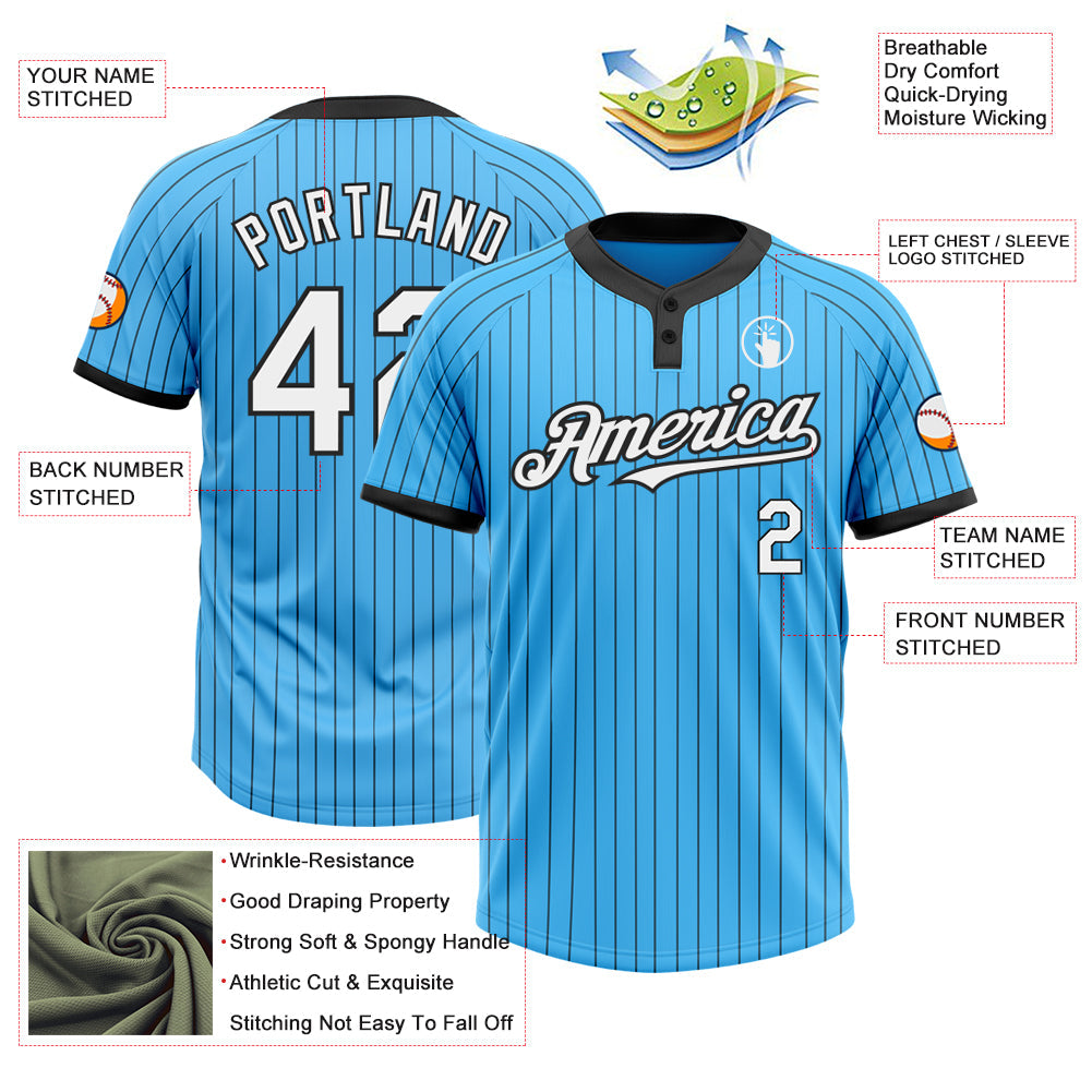 Custom Sky Blue Black Pinstripe White Two-Button Unisex Softball Jersey view 3