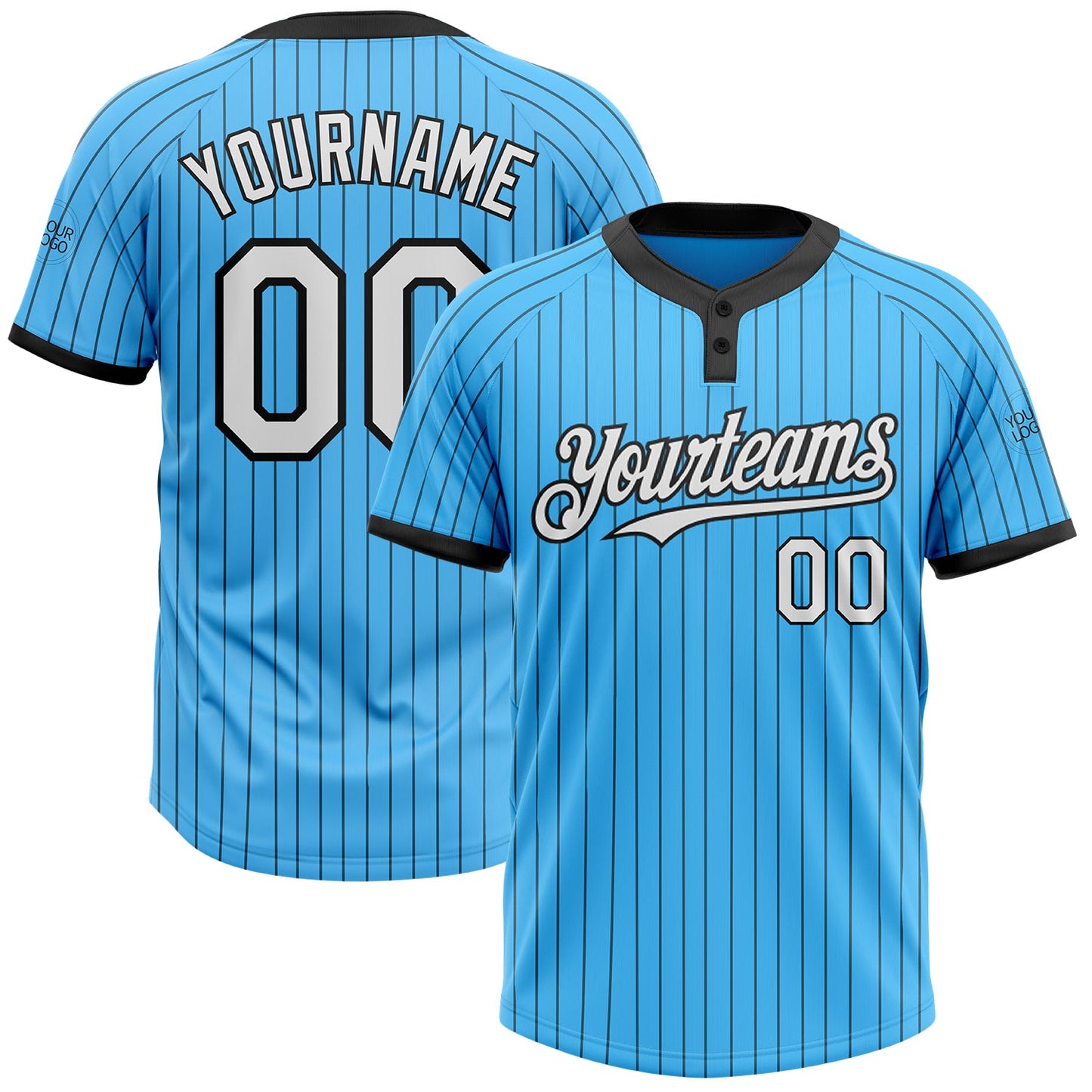 Custom Sky Blue Black Pinstripe White Two-Button Unisex Softball Jersey - Main View