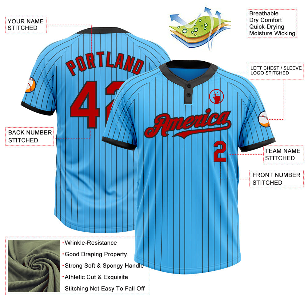 Custom Sky Blue Black Pinstripe Red Two-Button Unisex Softball Jersey view 3