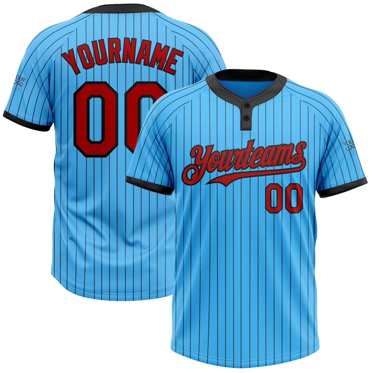 Custom Sky Blue Black Pinstripe Red Two-Button Unisex Softball Jersey - Main View