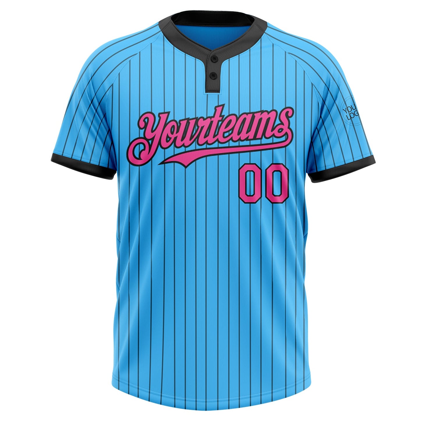 Custom Sky Blue Black Pinstripe Pink Two-Button Unisex Softball Jersey view 2