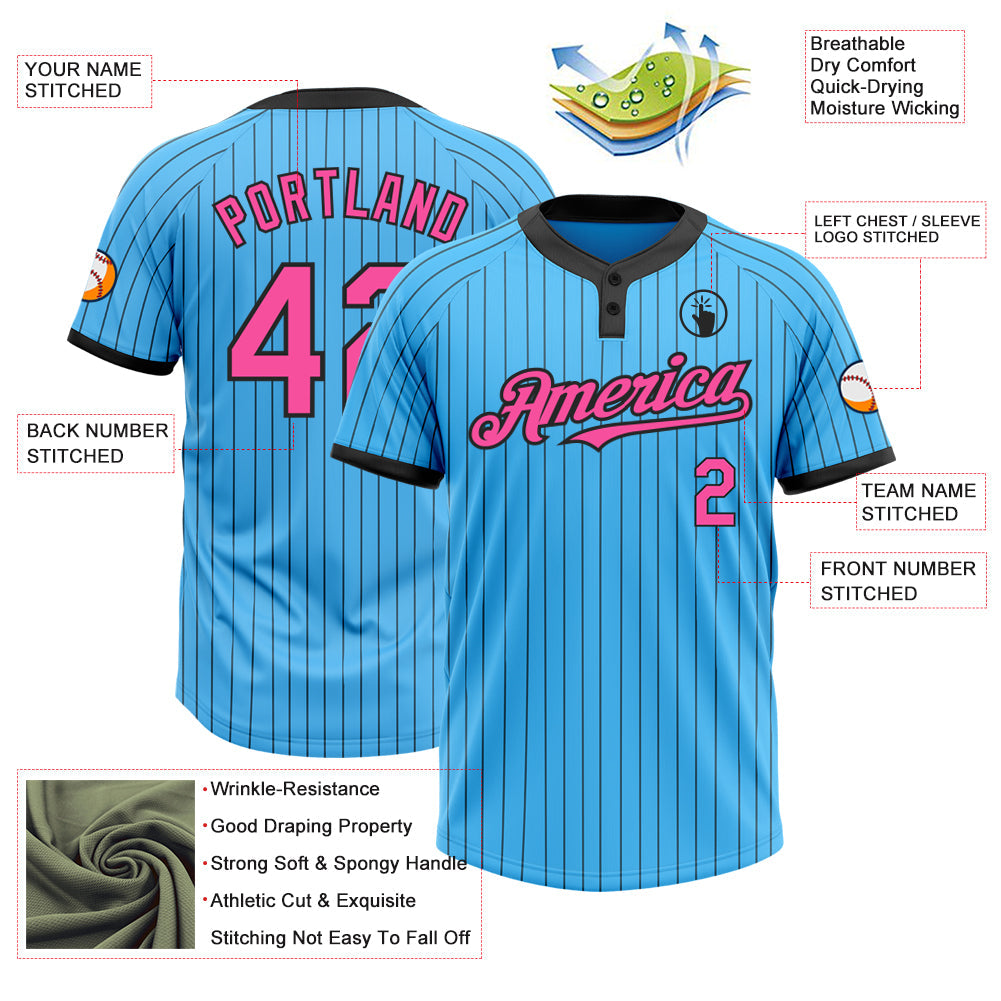 Custom Sky Blue Black Pinstripe Pink Two-Button Unisex Softball Jersey view 3