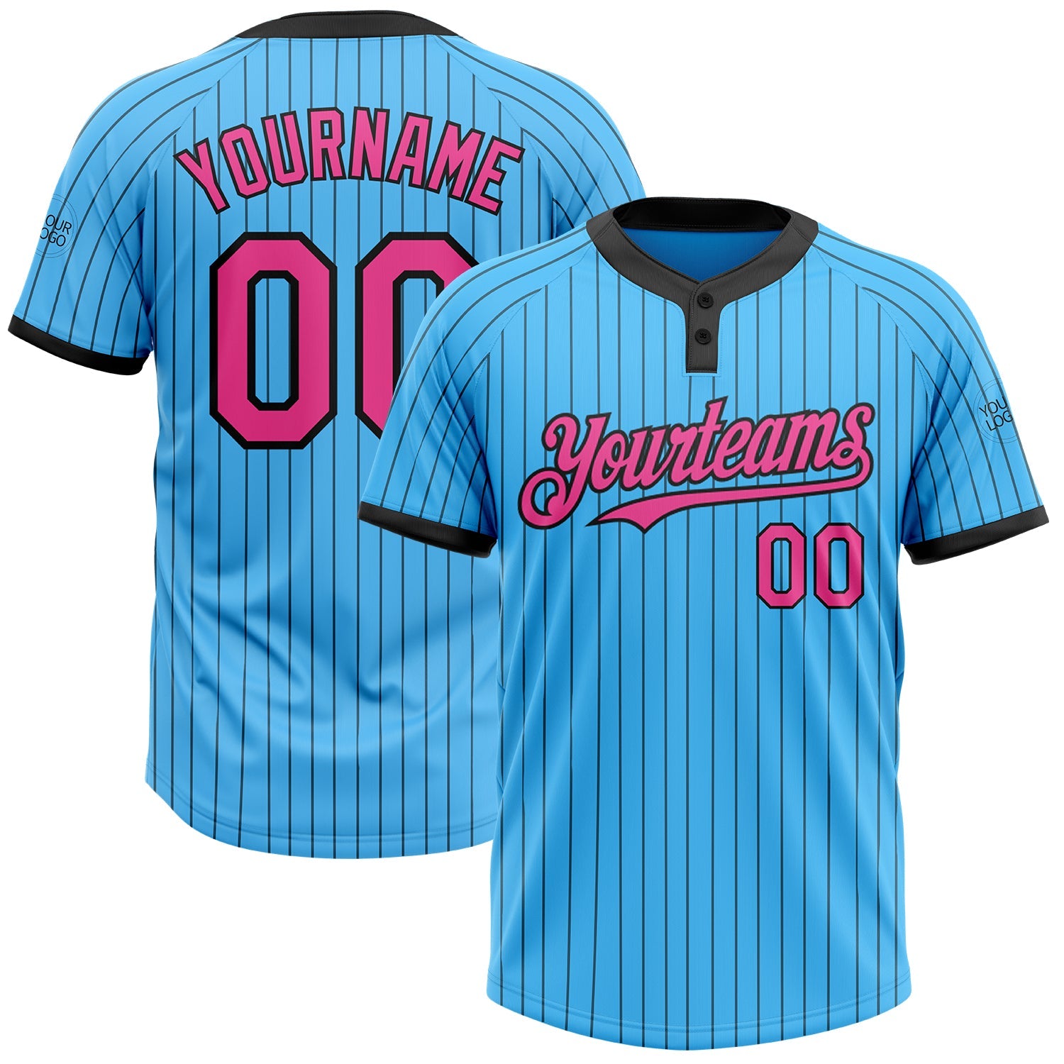 Custom Sky Blue Black Pinstripe Pink Two-Button Unisex Softball Jersey - Main View