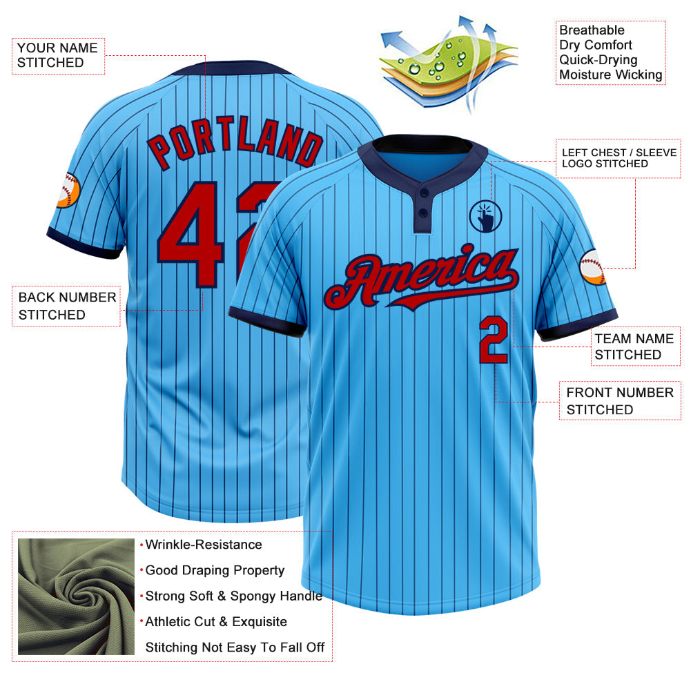 Custom Sky Blue Navy Pinstripe Red Two-Button Unisex Softball Jersey view 3
