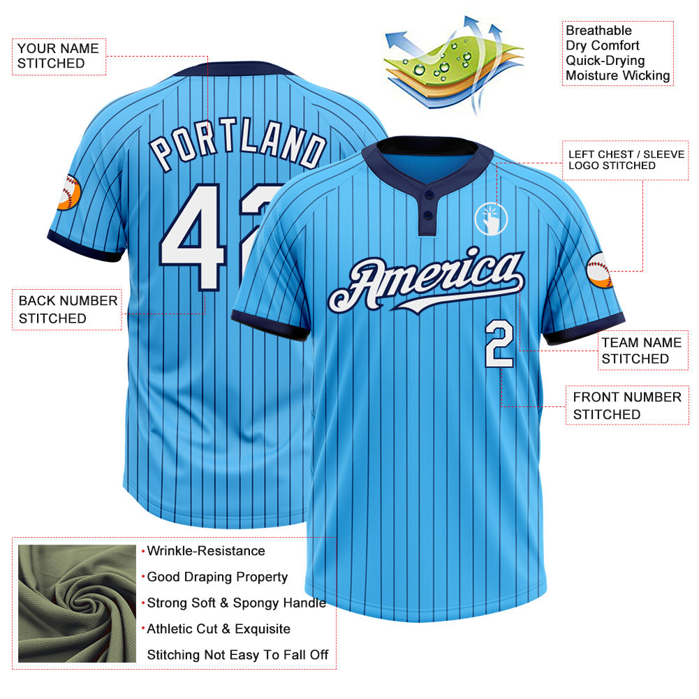 Custom Sky Blue Navy Pinstripe White Two-Button Unisex Softball Jersey view 3