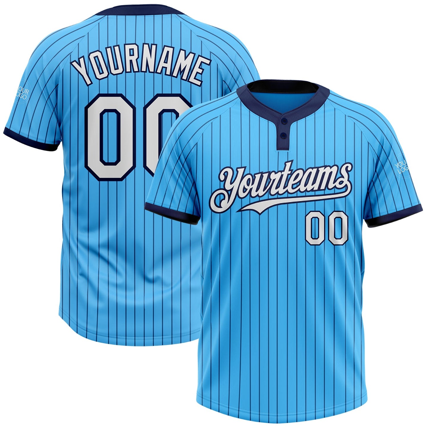 Custom Sky Blue Navy Pinstripe White Two-Button Unisex Softball Jersey - Main View