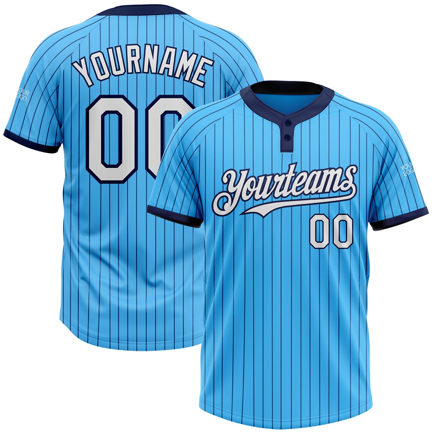 Custom Sky Blue Navy Pinstripe White Two-Button Unisex Softball Jersey - Main View