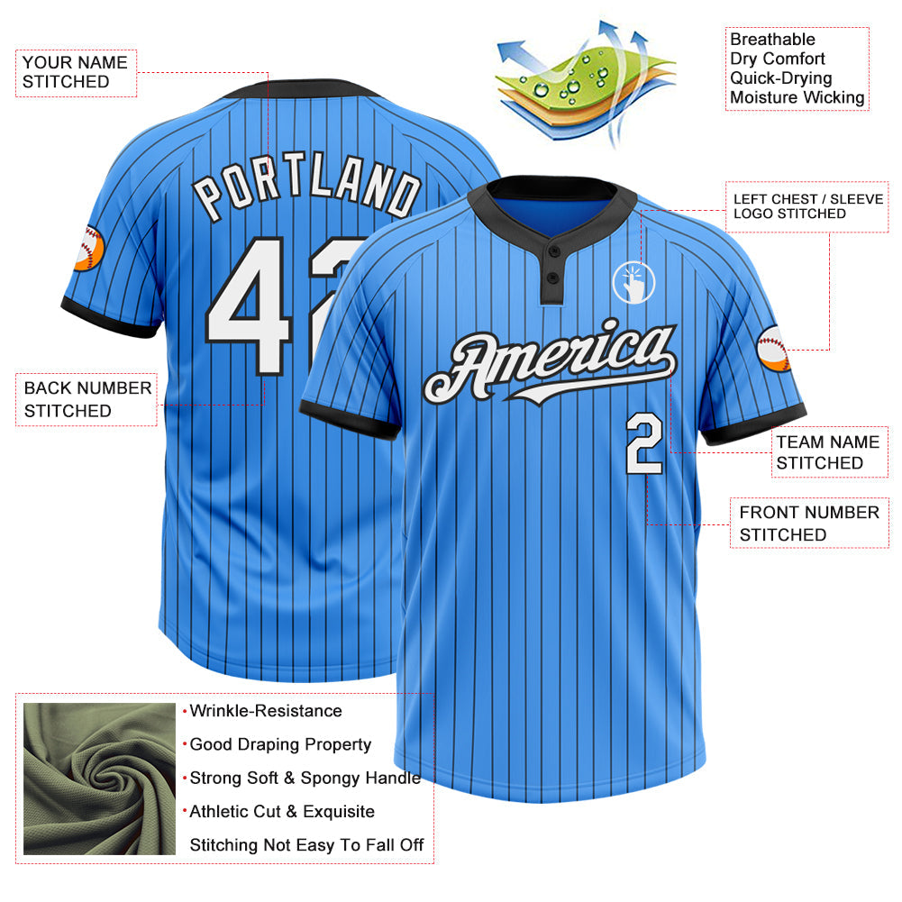 Custom Electric Blue Black Pinstripe White Two-Button Unisex Softball Jersey view 3