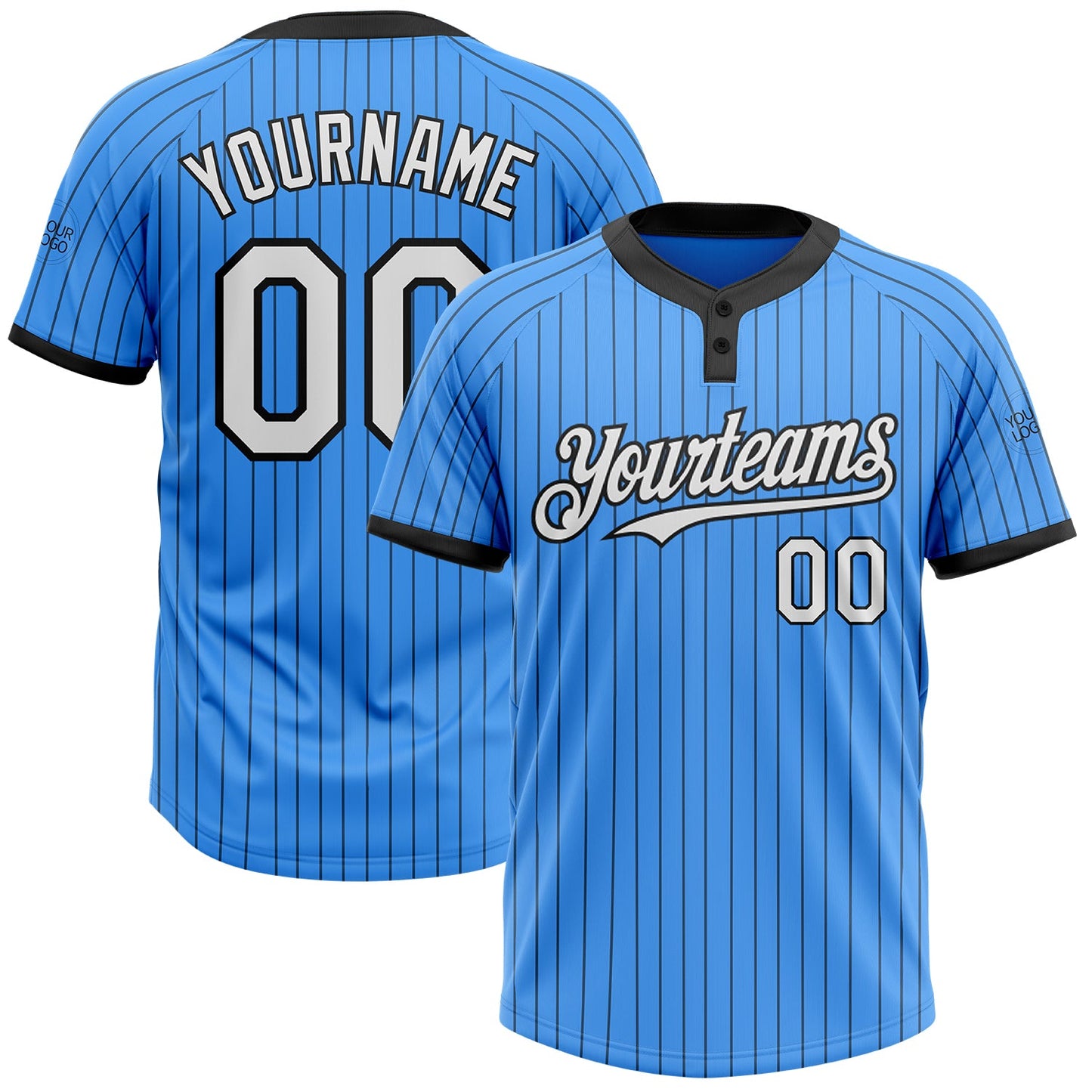Custom Electric Blue Black Pinstripe White Two-Button Unisex Softball Jersey - Main View