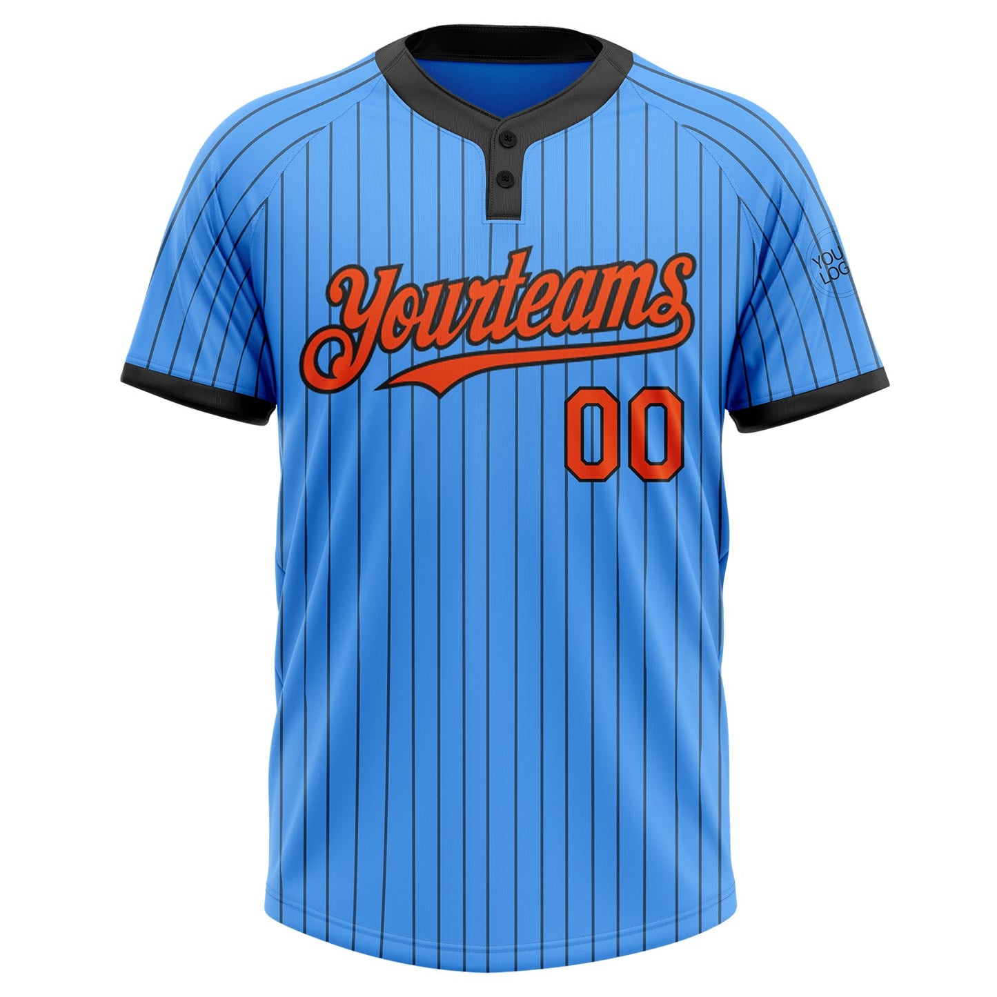 Custom Electric Blue Black Pinstripe Orange Two-Button Unisex Softball Jersey view 2