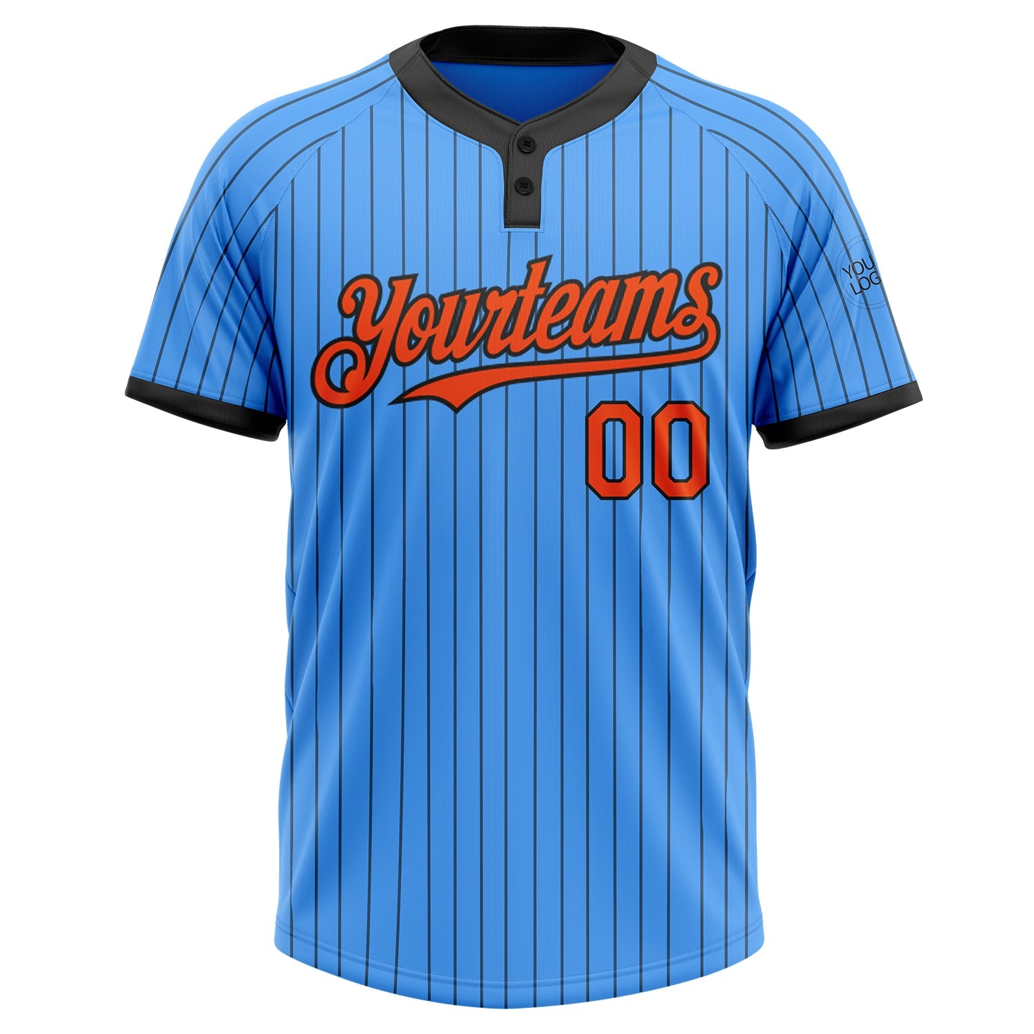 Custom Electric Blue Black Pinstripe Orange Two-Button Unisex Softball Jersey view 2