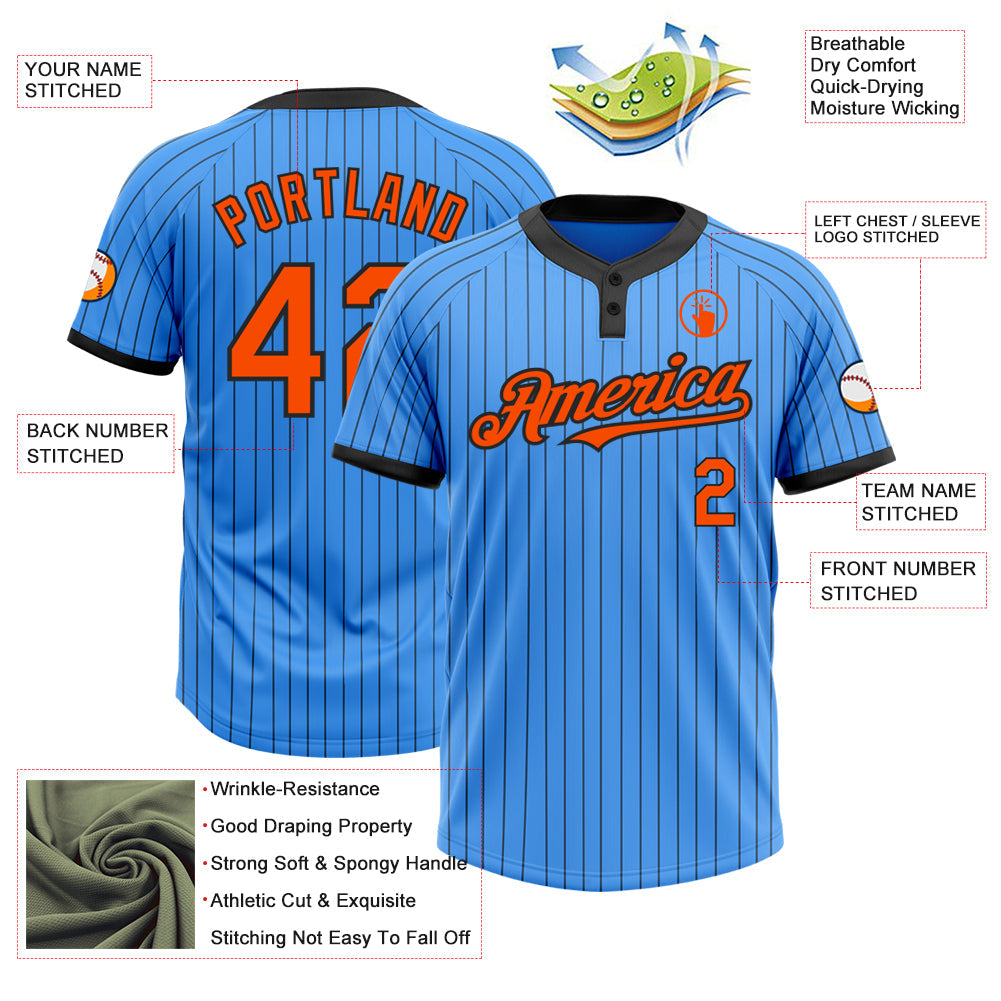 Custom Electric Blue Black Pinstripe Orange Two-Button Unisex Softball Jersey view 3