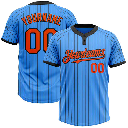 Custom Electric Blue Black Pinstripe Orange Two-Button Unisex Softball Jersey - Main View