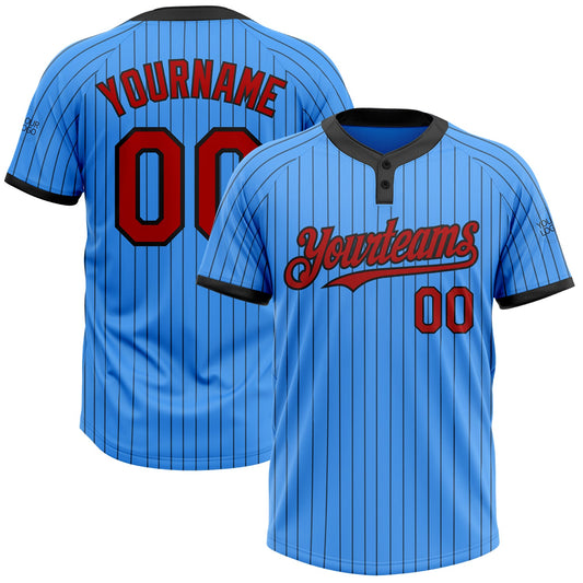 Custom Electric Blue Black Pinstripe Red Two-Button Unisex Softball Jersey - Main View
