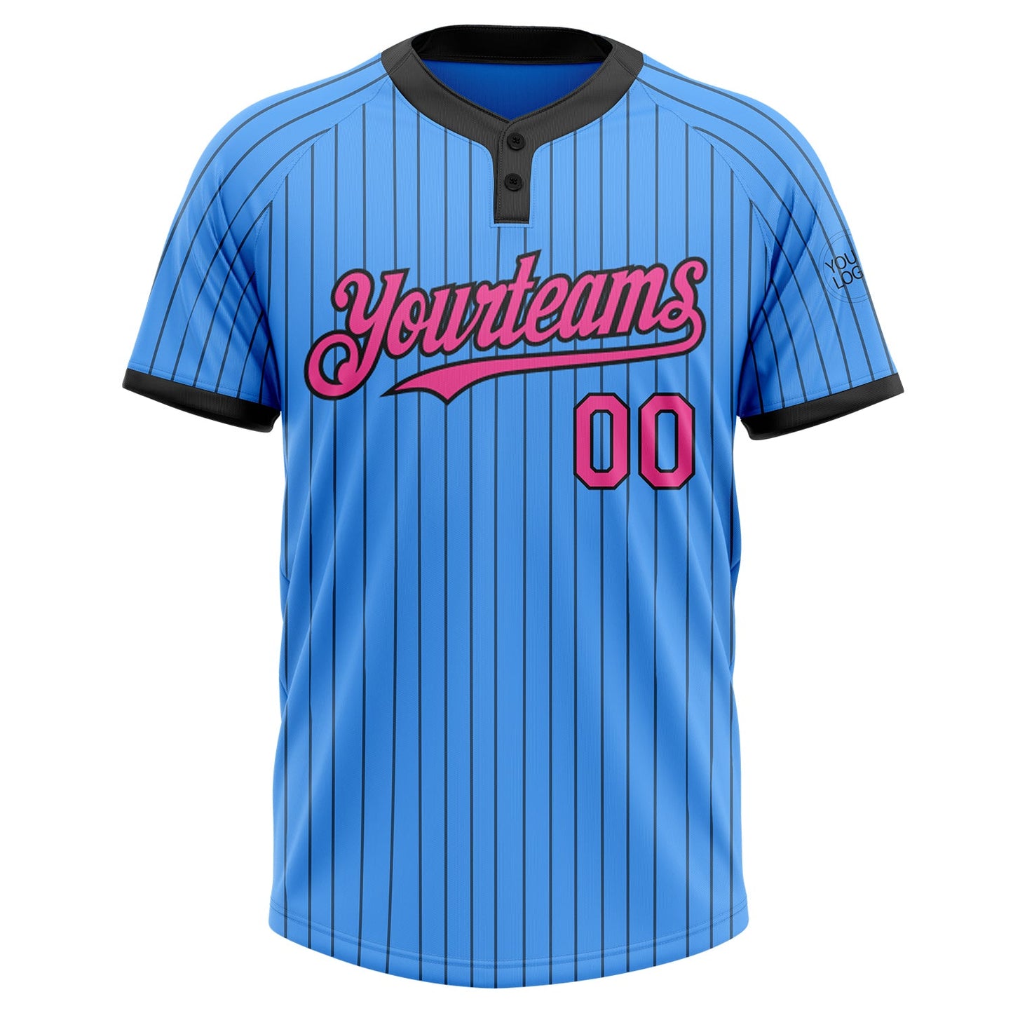 Custom Electric Blue Black Pinstripe Pink Two-Button Unisex Softball Jersey view 2