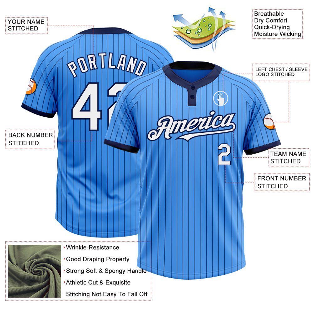 Custom Electric Blue Navy Pinstripe White Two-Button Unisex Softball Jersey view 3