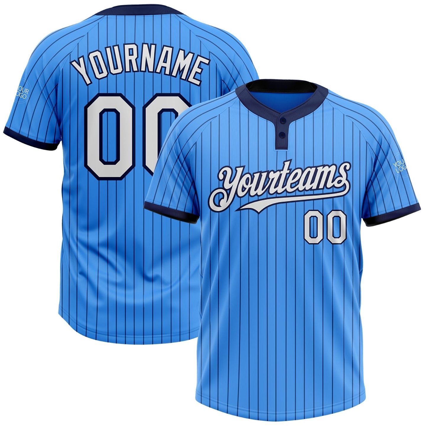 Custom Electric Blue Navy Pinstripe White Two-Button Unisex Softball Jersey - Main View
