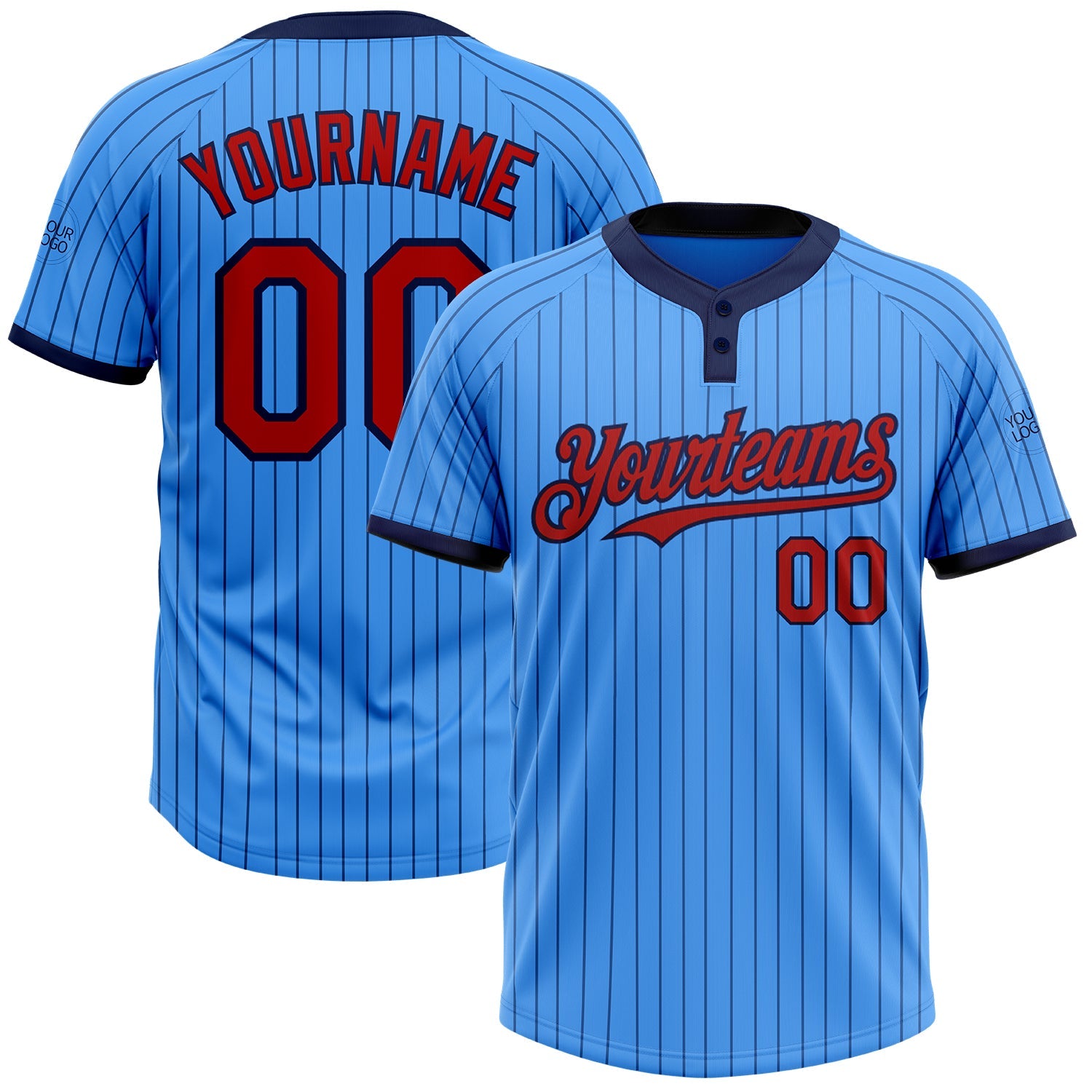 Custom Electric Blue Navy Pinstripe Red Two-Button Unisex Softball Jersey - Main View