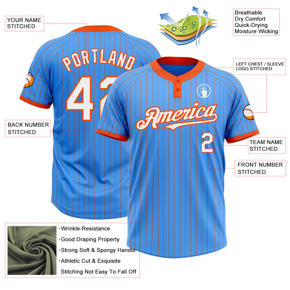 Custom Electric Blue Orange Pinstripe White Two-Button Unisex Softball Jersey view 3