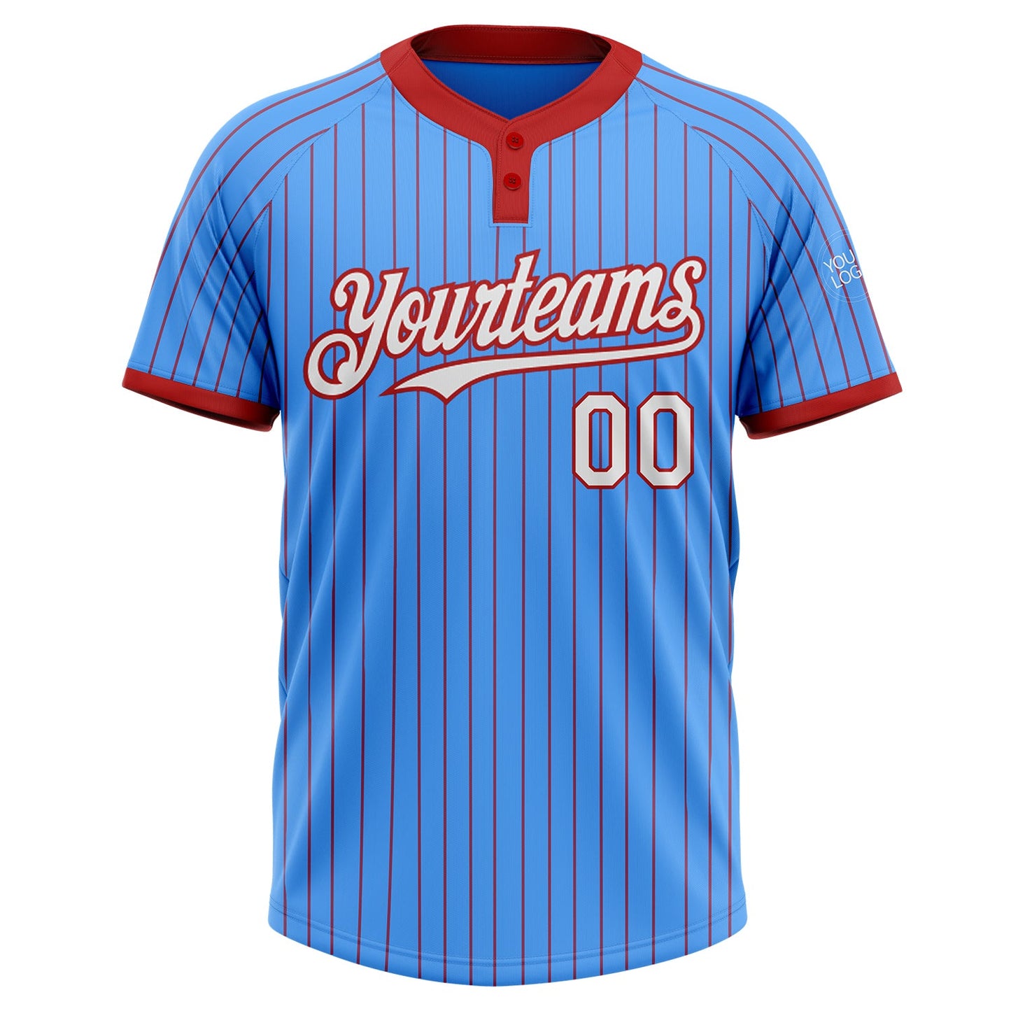Custom Electric Blue Red Pinstripe White Two-Button Unisex Softball Jersey view 2