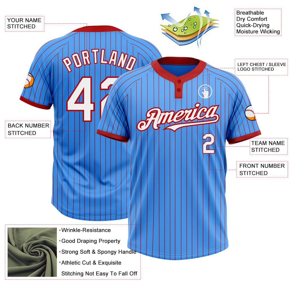 Custom Electric Blue Red Pinstripe White Two-Button Unisex Softball Jersey view 3