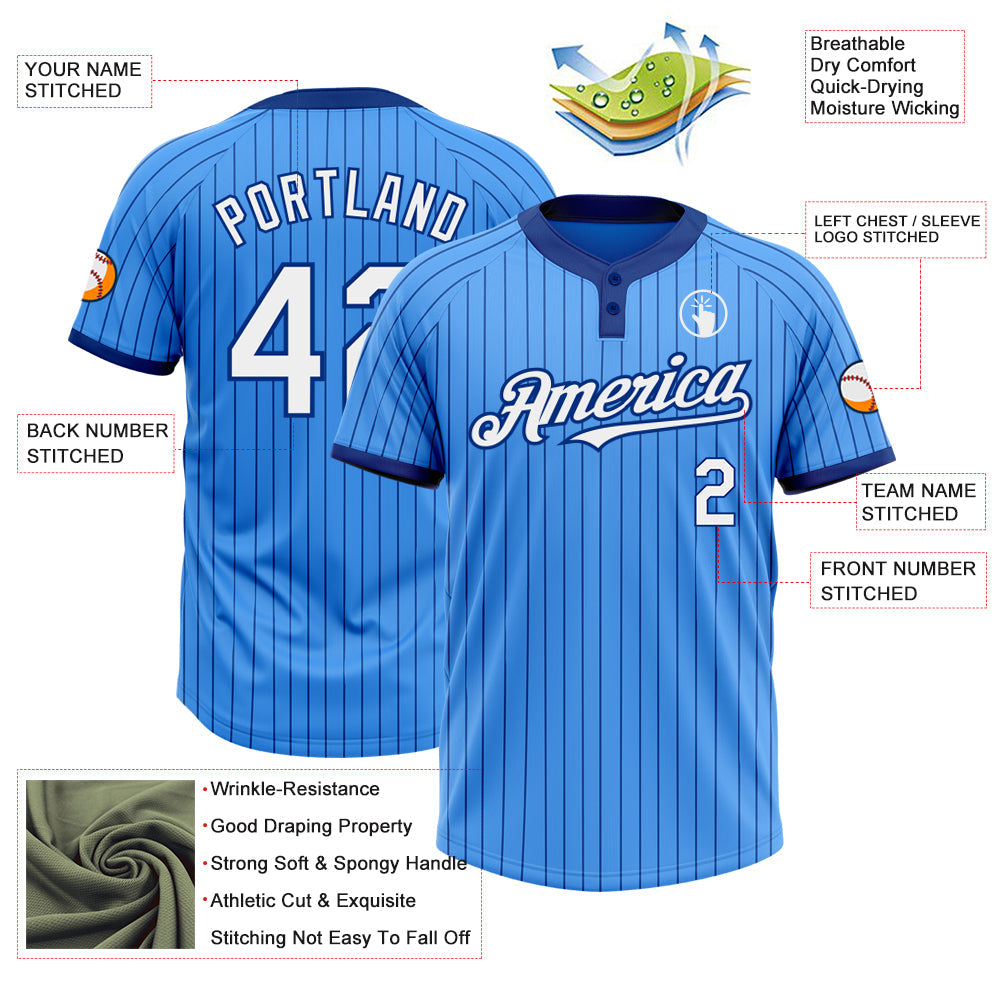 Custom Electric Blue Royal Pinstripe White Two-Button Unisex Softball Jersey view 3