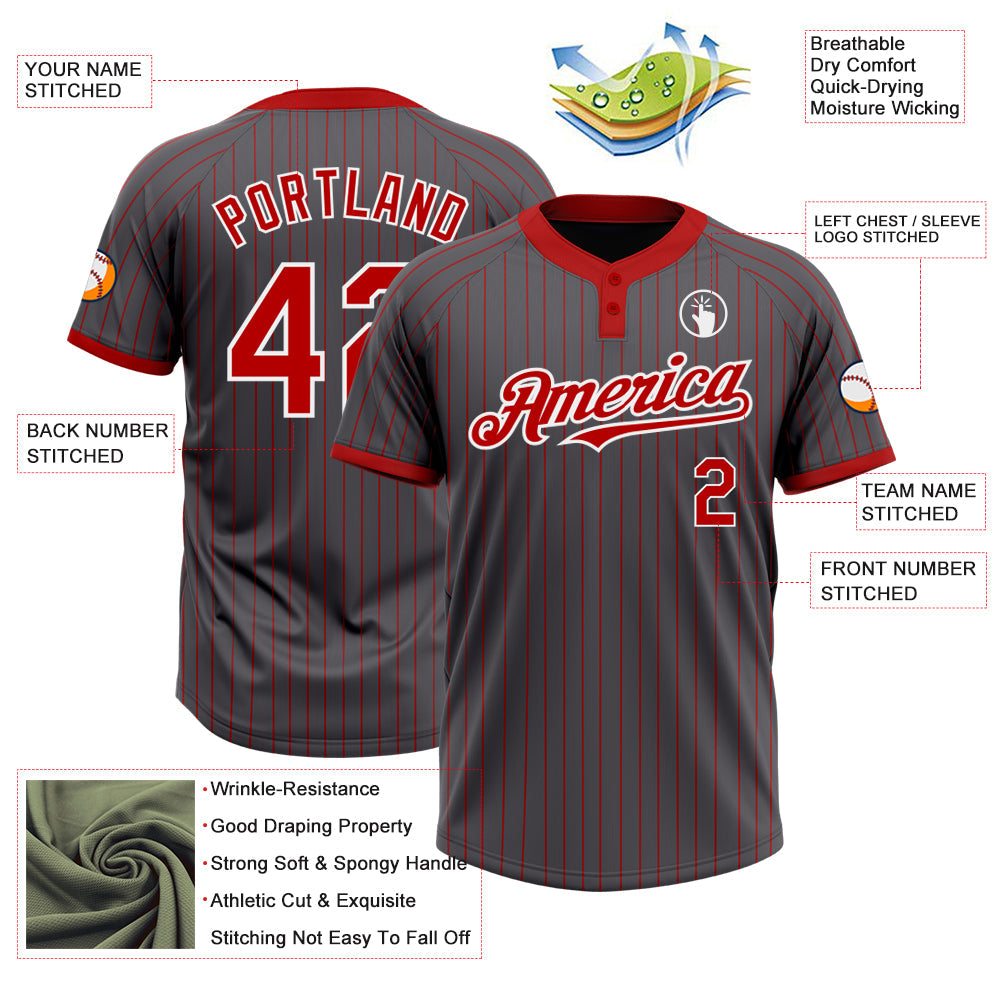 Custom Steel Gray Red Pinstripe White Two-Button Unisex Softball Jersey view 3