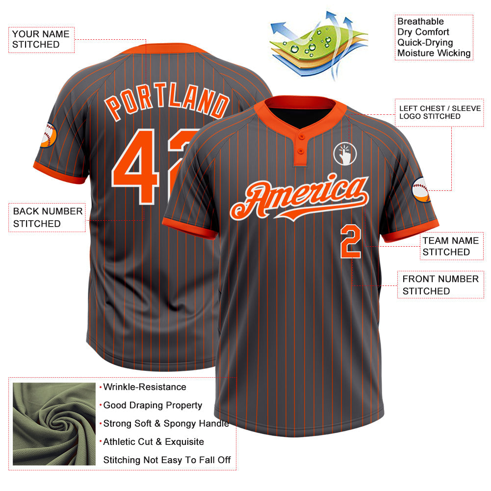 Custom Steel Gray Orange Pinstripe White Two-Button Unisex Softball Jersey view 3