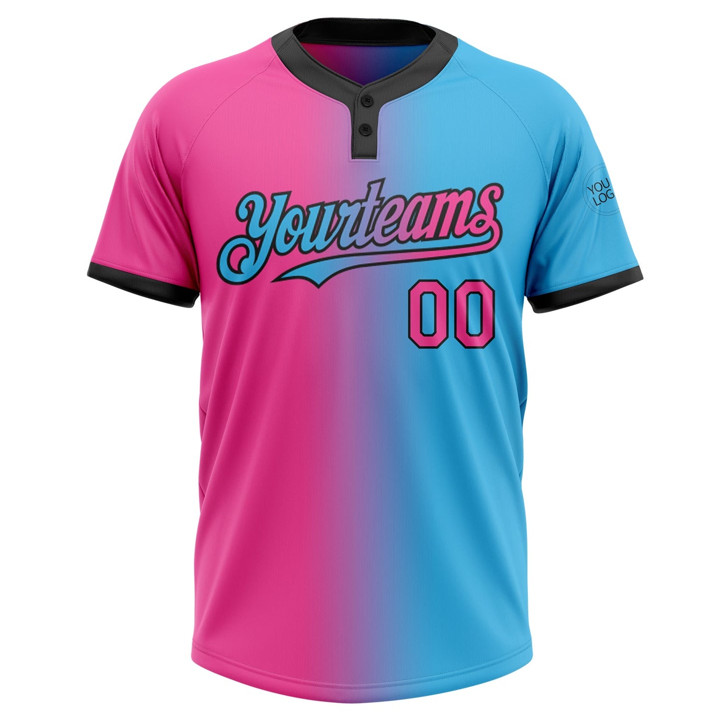 Custom Sky Blue Pink-Black Gradient Fashion Two-Button Unisex Softball Jersey view 2