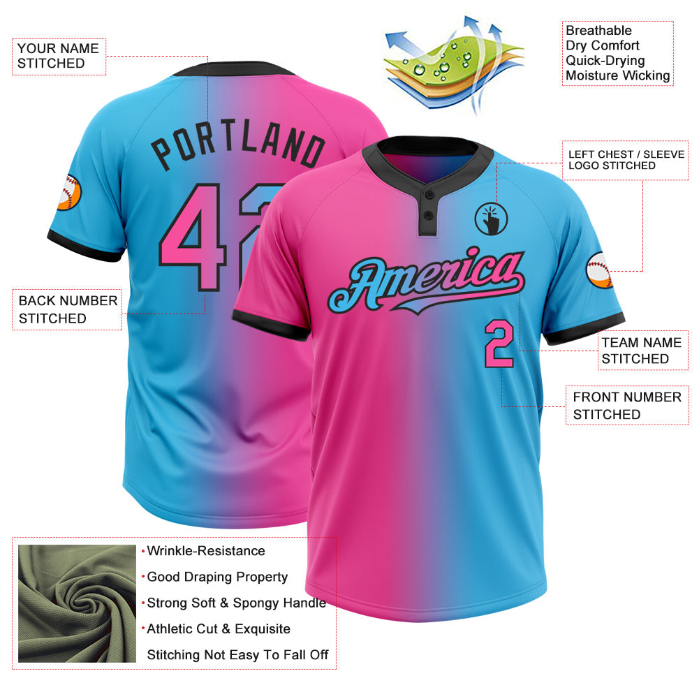 Custom Sky Blue Pink-Black Gradient Fashion Two-Button Unisex Softball Jersey view 3