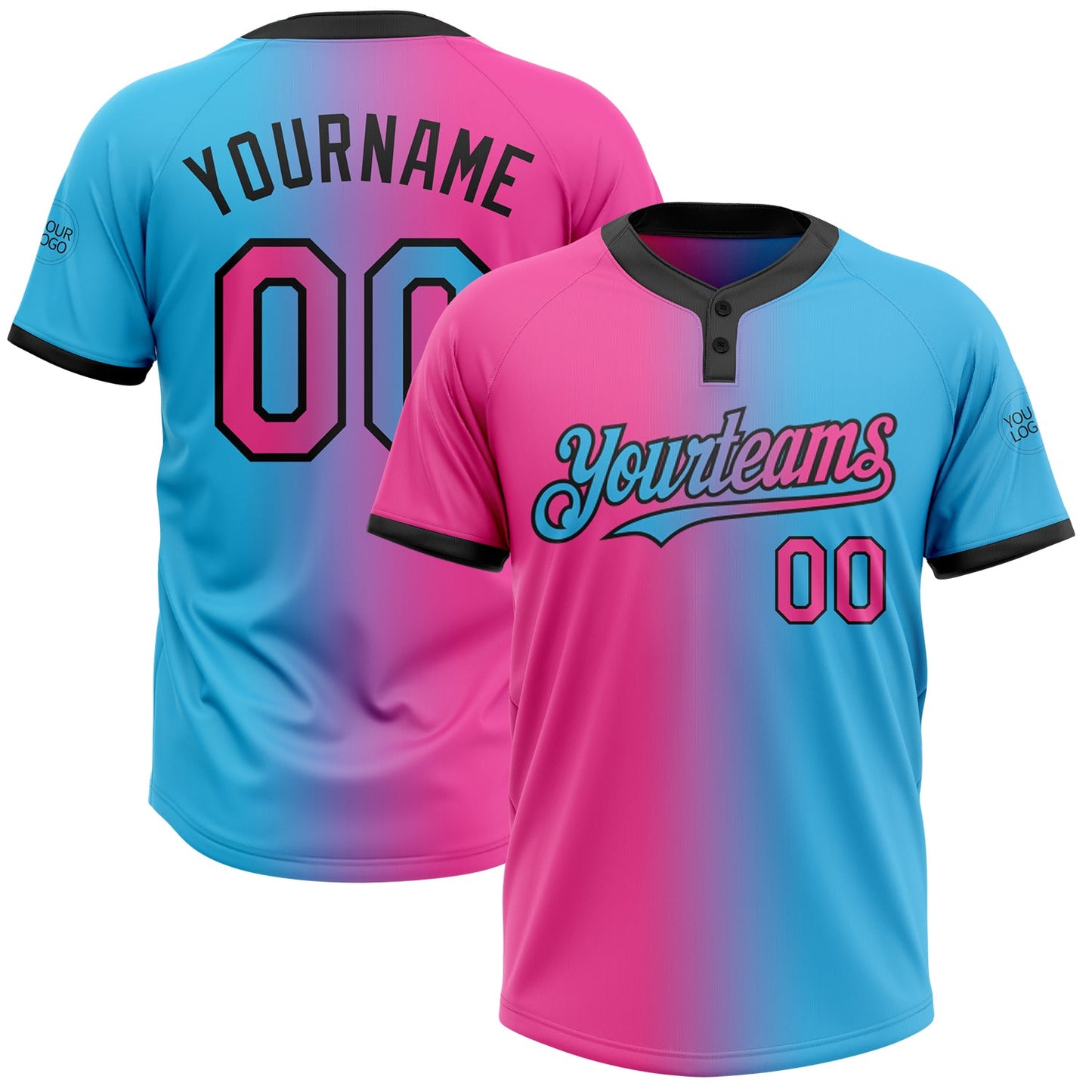 Custom Sky Blue Pink-Black Gradient Fashion Two-Button Unisex Softball Jersey - Main View