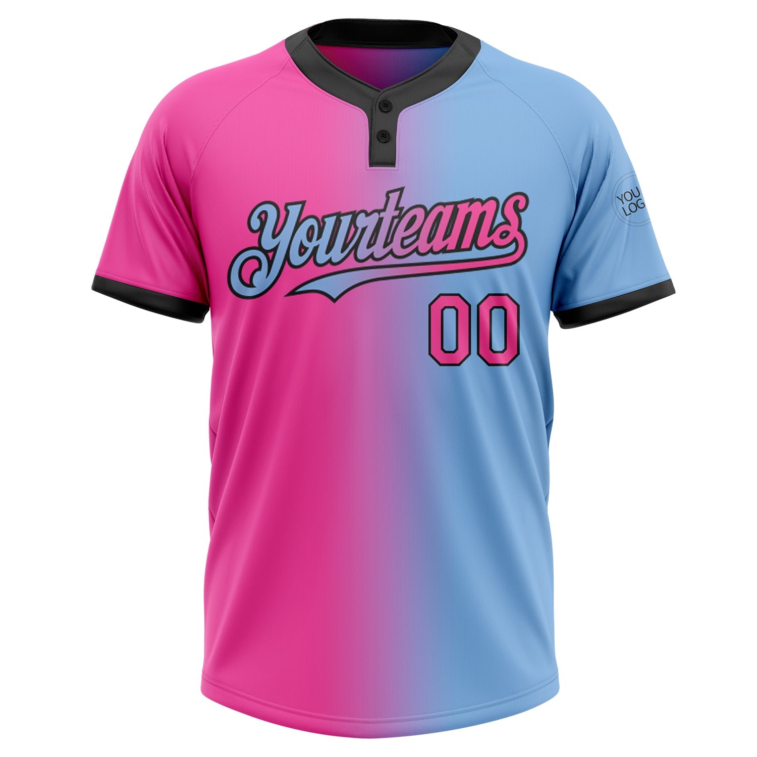 Custom Light Blue Pink-Black Gradient Fashion Two-Button Unisex Softball Jersey view 2
