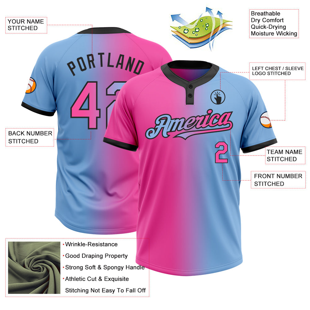 Custom Light Blue Pink-Black Gradient Fashion Two-Button Unisex Softball Jersey view 3