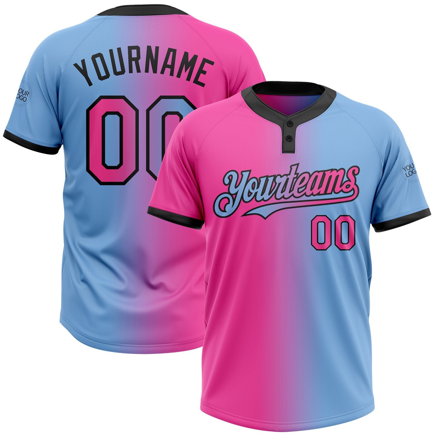 Custom Light Blue Pink-Black Gradient Fashion Two-Button Unisex Softball Jersey - Main View