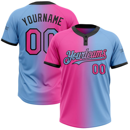 Custom Light Blue Pink-Black Gradient Fashion Two-Button Unisex Softball Jersey - Main View