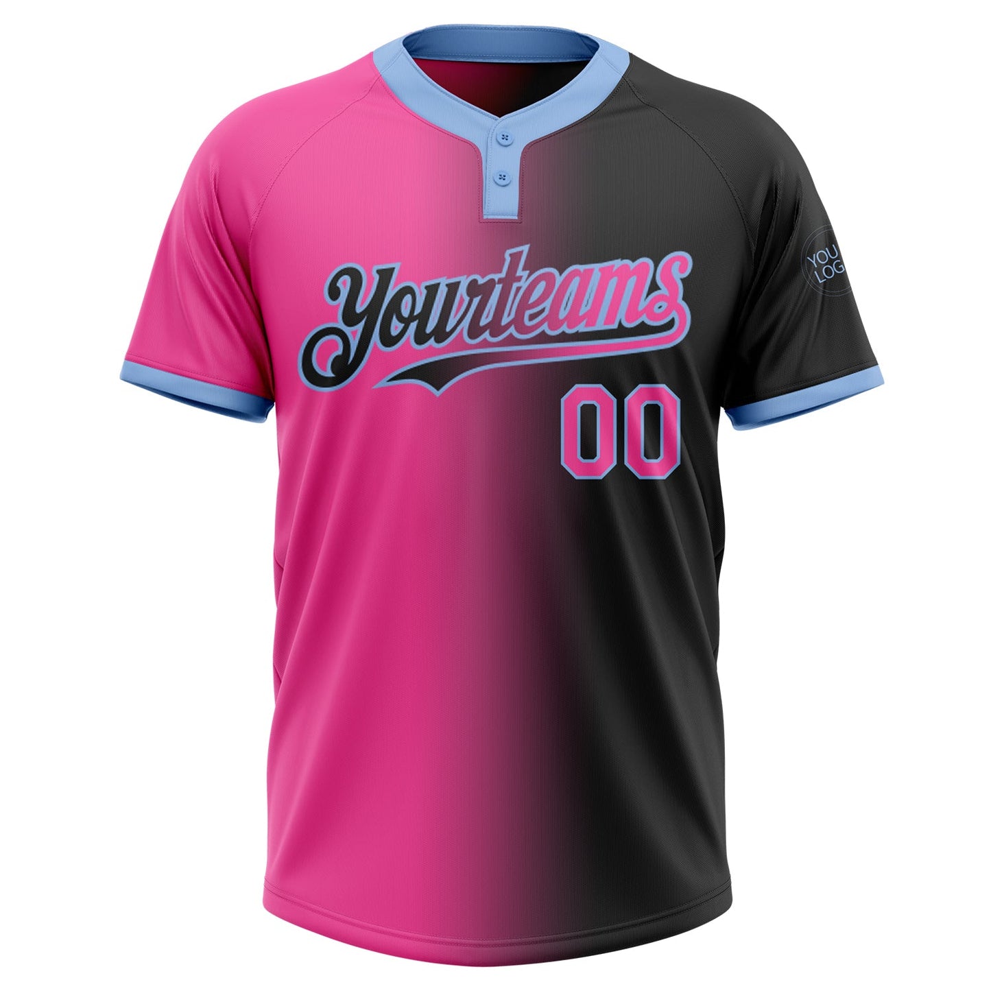 Custom Black Pink-Light Blue Gradient Fashion Two-Button Unisex Softball Jersey view 2