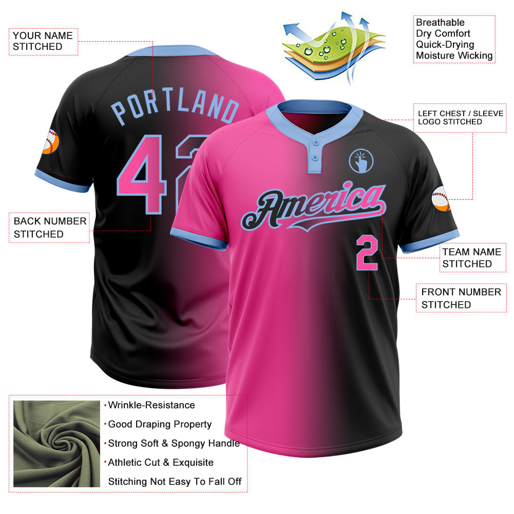 Custom Black Pink-Light Blue Gradient Fashion Two-Button Unisex Softball Jersey view 3