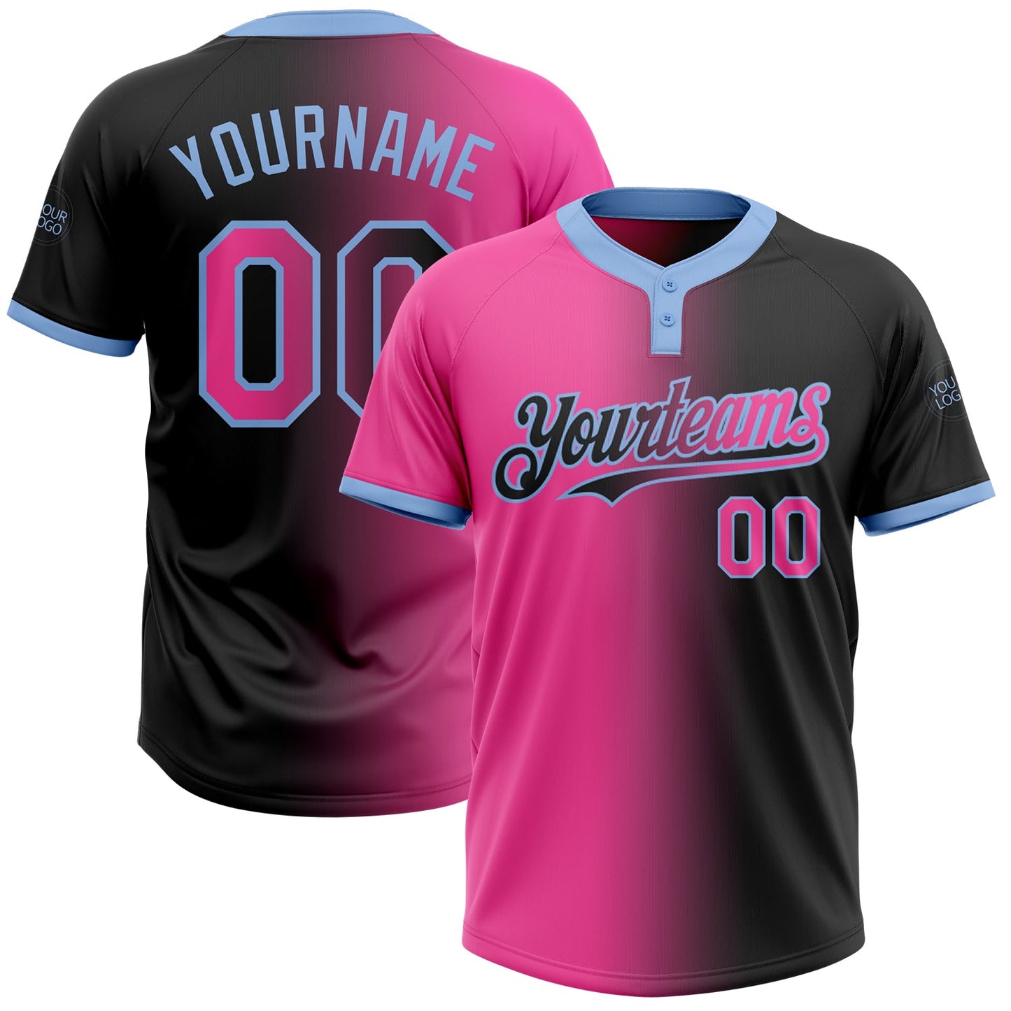 Custom Black Pink-Light Blue Gradient Fashion Two-Button Unisex Softball Jersey - Main View