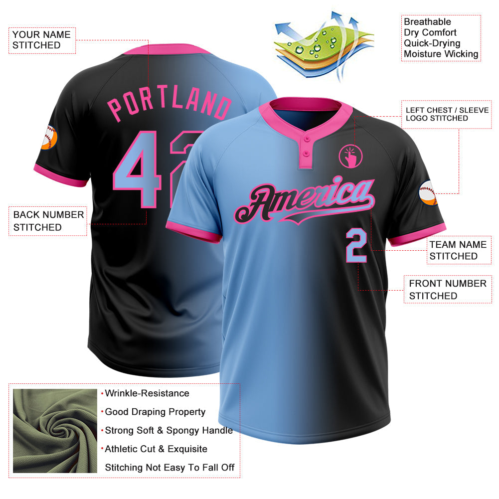 Custom Black Light Blue-Pink Gradient Fashion Two-Button Unisex Softball Jersey view 3