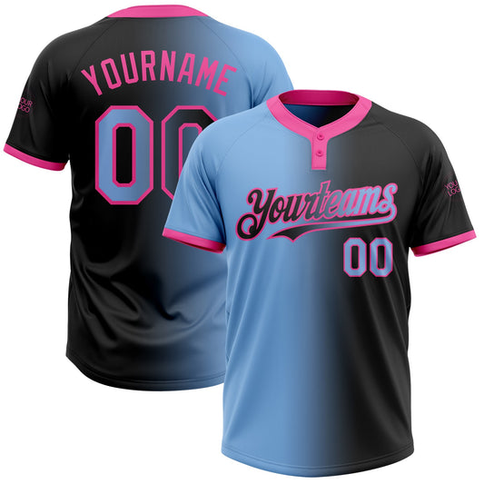 Custom Black Light Blue-Pink Gradient Fashion Two-Button Unisex Softball Jersey - Main View