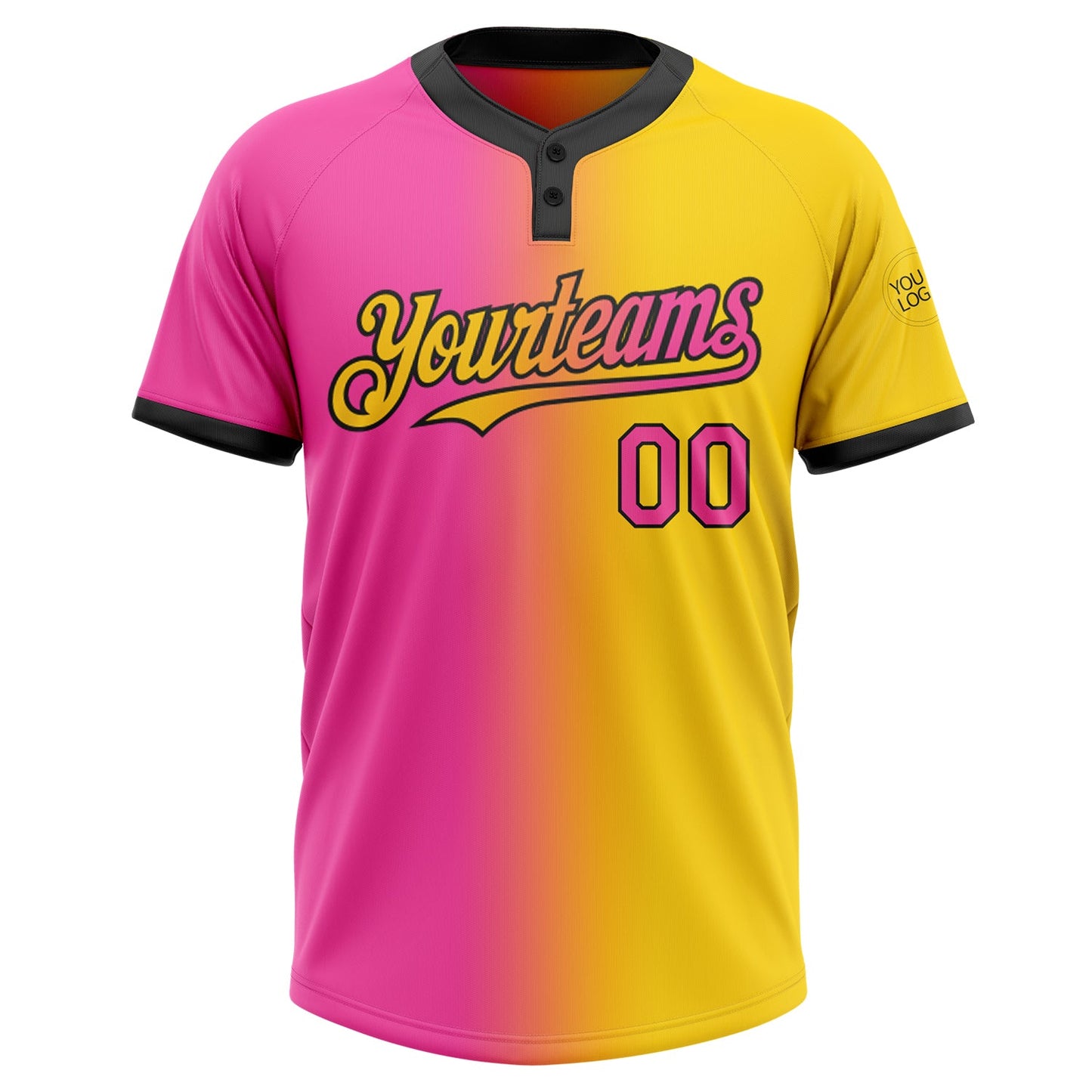 Custom Yellow Pink-Black Gradient Fashion Two-Button Unisex Softball Jersey view 2
