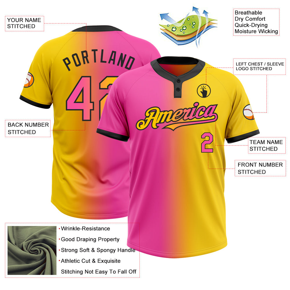 Custom Yellow Pink-Black Gradient Fashion Two-Button Unisex Softball Jersey view 3