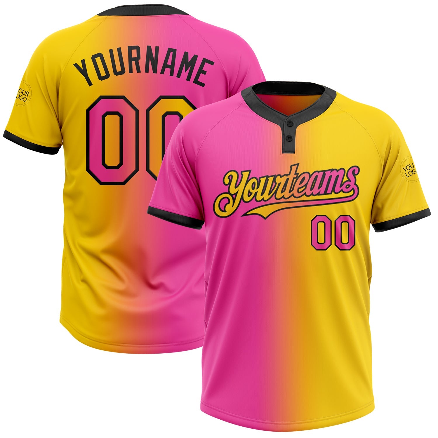 Custom Yellow Pink-Black Gradient Fashion Two-Button Unisex Softball Jersey - Main View