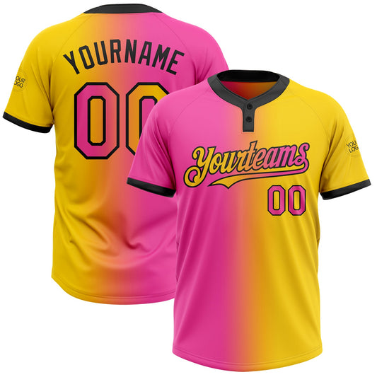 Custom Yellow Pink-Black Gradient Fashion Two-Button Unisex Softball Jersey - Main View