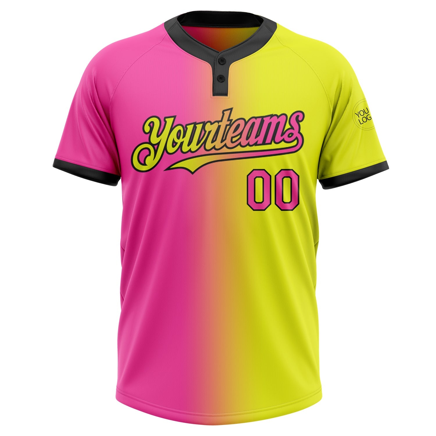 Custom Neon Yellow Pink-Black Gradient Fashion Two-Button Unisex Softball Jersey view 2
