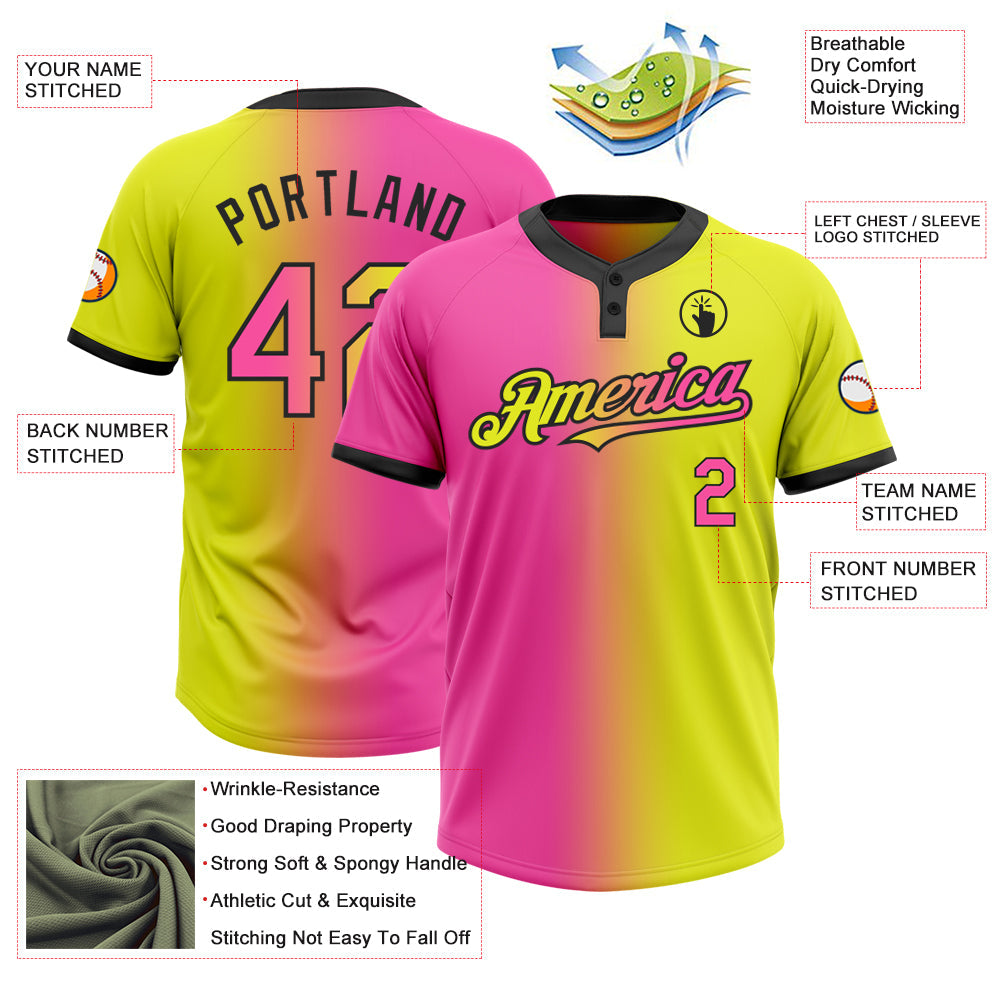 Custom Neon Yellow Pink-Black Gradient Fashion Two-Button Unisex Softball Jersey view 3
